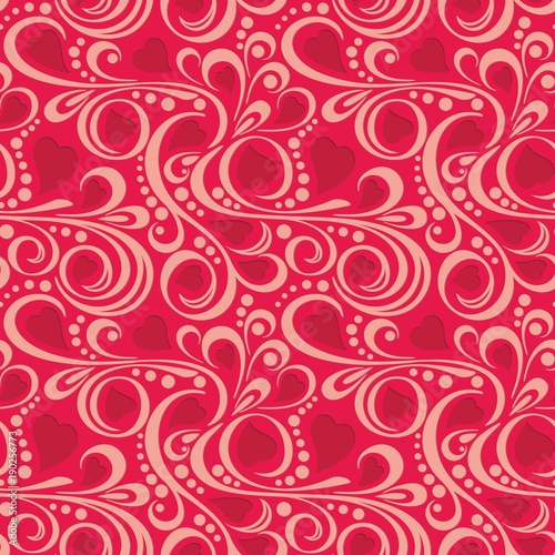 Abstract pattern with red hearts and swirls 