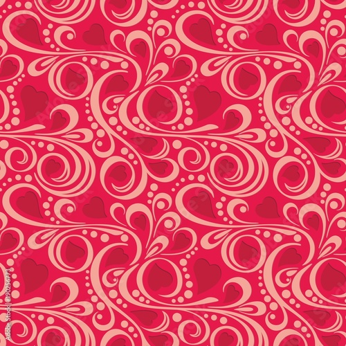 Abstract pattern with red hearts and swirls	