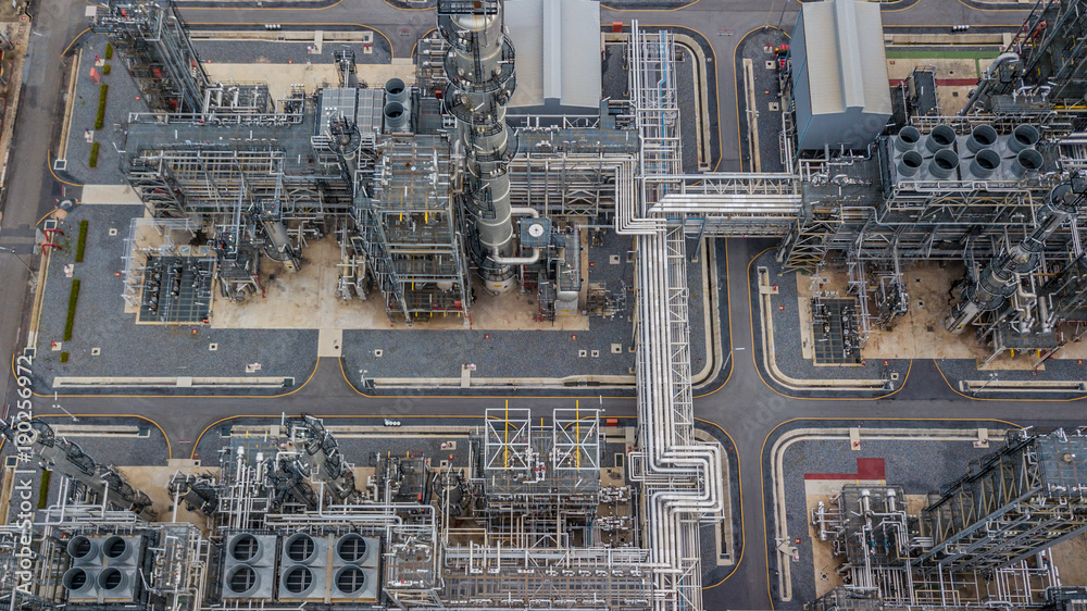 Aerial view of large oil refinery, refinery plant, refinery factory.