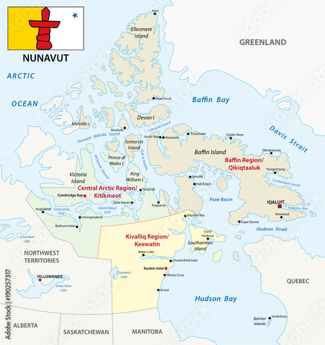 Nunavut administrative and political vector map with flag photo