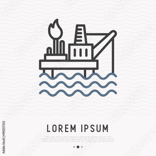 Oil producing platform thin line icon. Modern vector illustration of equipment for drilling wells in the sea.