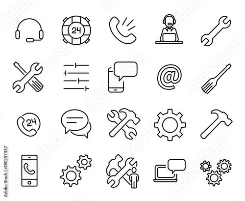 Simple collection of technical support related line icons. 