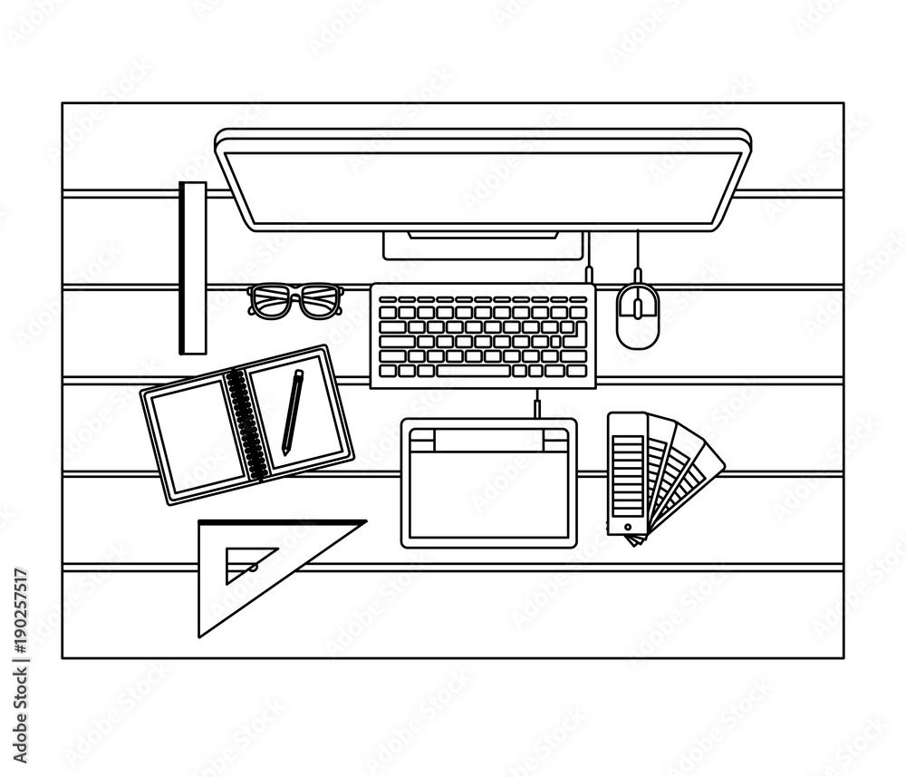 desktop computer and drawing tools over desk on top view in black contour  vector illustration Stock Vector | Adobe Stock