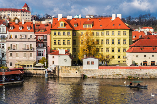 Vltava river and the building of the Museum of Franz Kafka in Prague, Czech Republic.