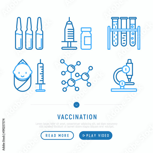Vaccination thin line icons set: vaccine in syringe, ampoule, vial, microscope, virus, baby. Vector illustration, web page template.