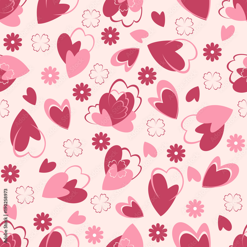 Seamless light background with pink and red hearts, flowers. Ideal for printing on fabric or paper. Vector illustration. Seamless light background with pink and red hearts, flowers. Ideal for printing on fabric or paper. Vector illustration.