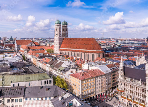 Aerial view on the Frauenkirche and town hall at the Marienplatz, Munich Bavaria, Germany
