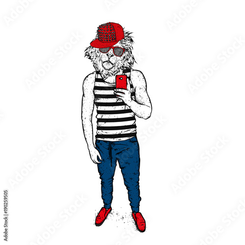 Fototapeta Naklejka Na Ścianę i Meble -  A handsome guy with a sports body and a lion's head. A man in stylish clothes. Fashion and style, clothing and accessories. Vector illustration.