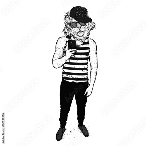 Fototapeta Naklejka Na Ścianę i Meble -  A handsome guy with a sports body and a lion's head. A man in stylish clothes. Fashion and style, clothing and accessories. Vector illustration.