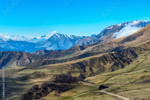 amazing view of spring day landscape Caucasus mountains with blue sky Russia, Republic Ingushetia