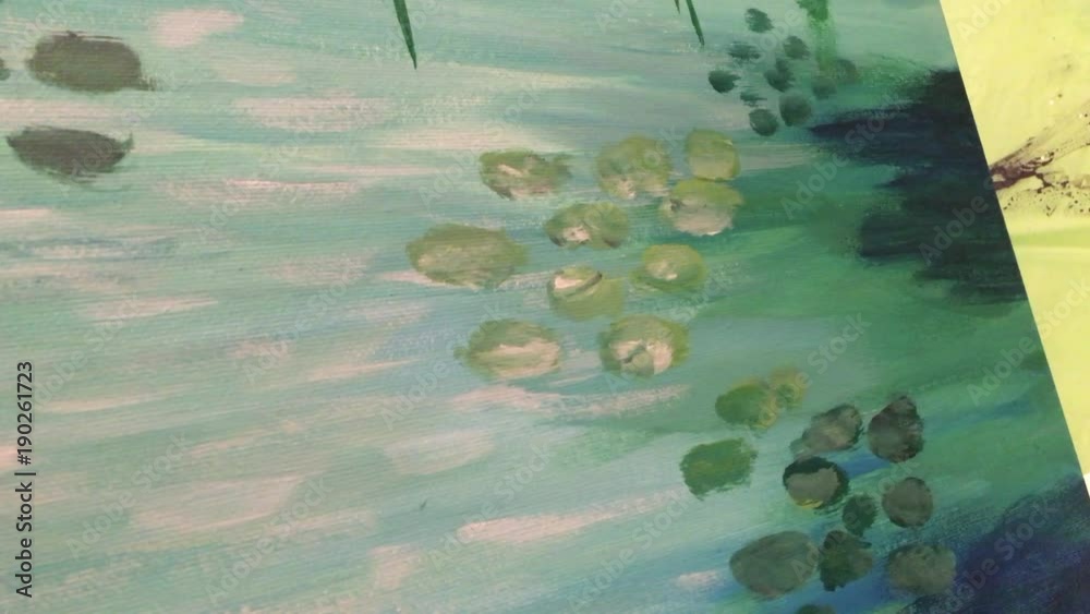 Painting highlights on green lily pads in Impressionist Style Painting highlights on green lily pads in Impressionist Style