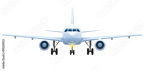 Front view of landing aircraft. Passenger air vehicle transport