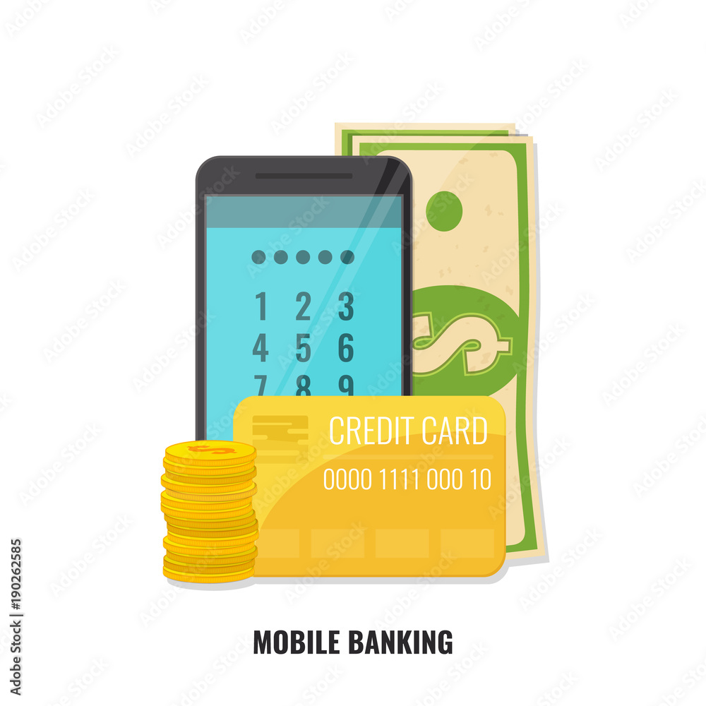 Mobile banking concept. Smartphone with cash and credit card.