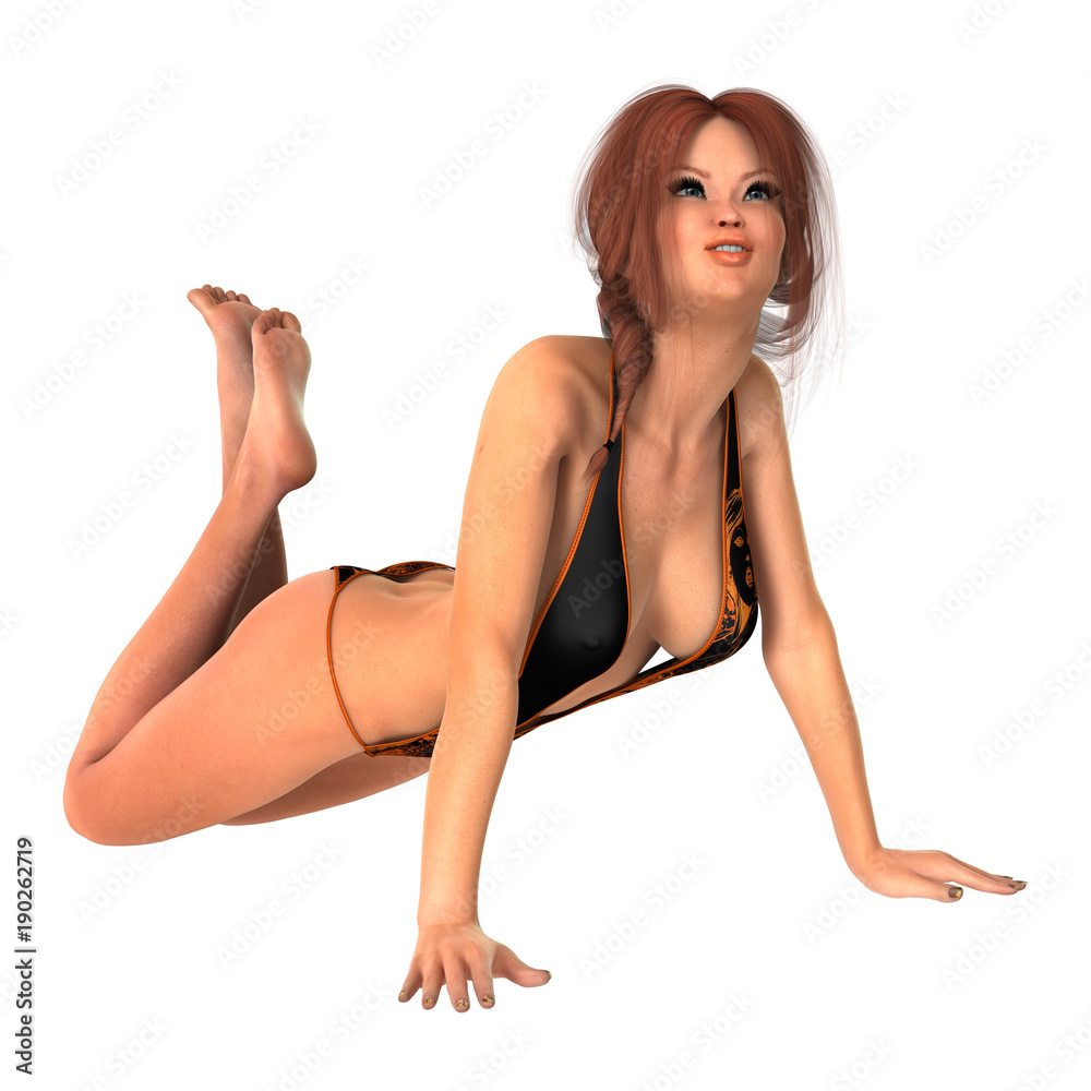 3D Rendering Young Woman Sunbathing on White