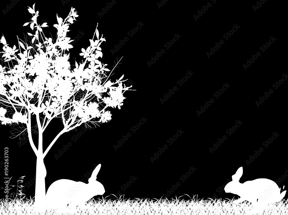 Obraz premium rabbit white silhouettes in grass near spring blossoming tree