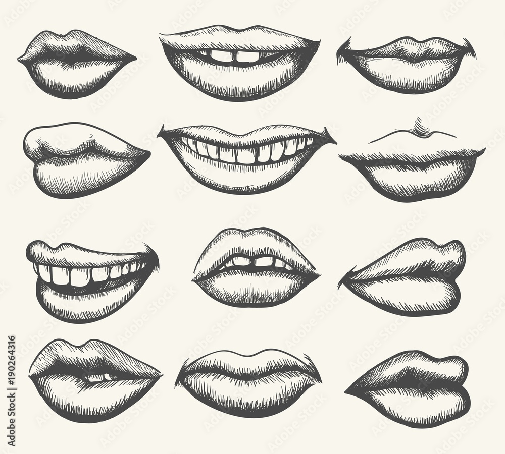 Lips engraving. Retro human face lips, vintage smiling and kissing