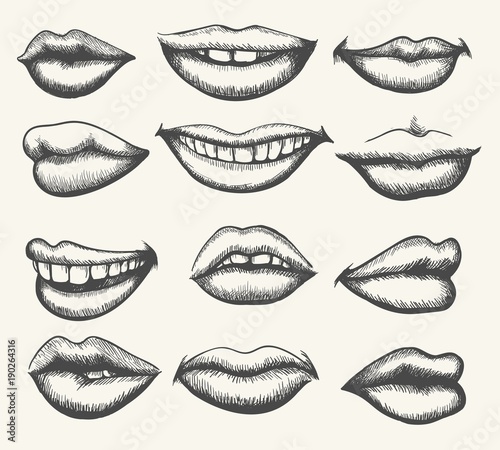 Lips engraving. Retro human face lips, vintage smiling and kissing mouth set vector illustration