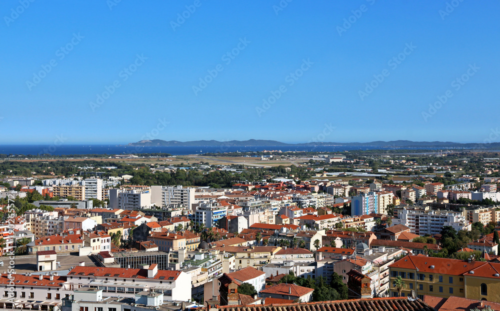 Hyères (FRANCE) - panoramic view - town, hill, and sea