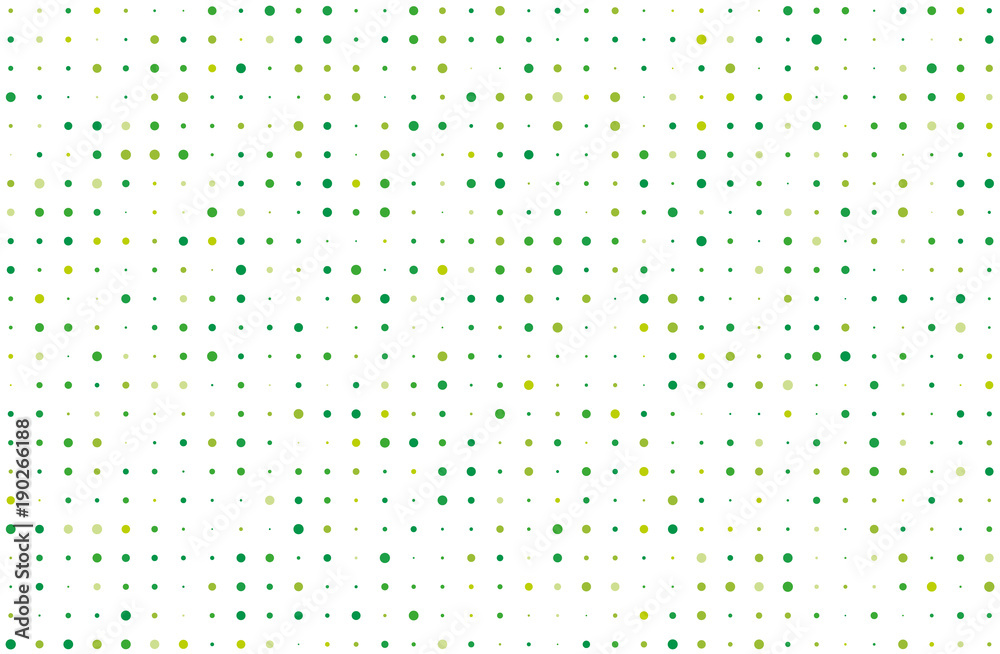 Dotted background with circles, dots, point different size, scale. Halftone pattern. Green on white color Vector illustration