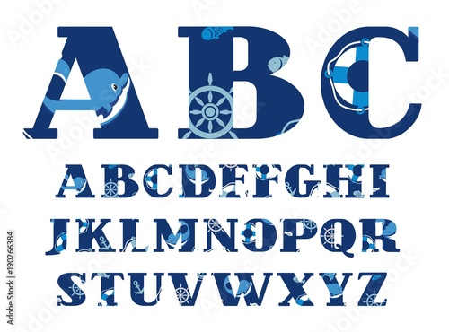 Photography Font sea with dolphins, the English alphabet, vector