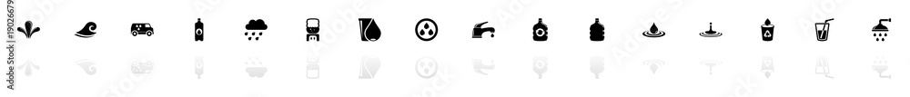 Obraz premium Water icons - Black horizontal Illustration symbol on White Background with a mirror Shadow reflection. Flat Vector Icon.