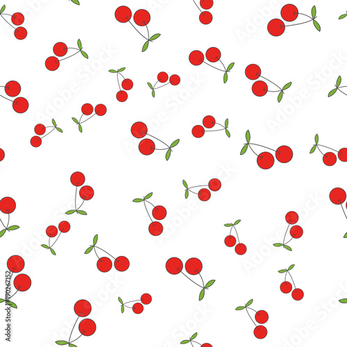 Red Cherries Flat Vector Seamless Pattern on White