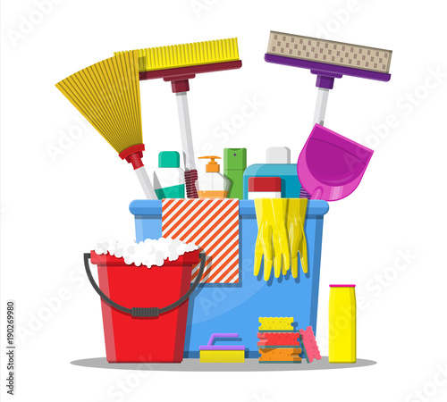 Bottle of detergent sponge soap and rubber gloves