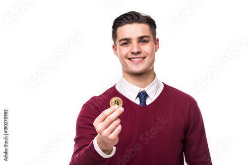 Business man rich trader holding bitcoin golden coin for business bitcoin trader exchange. photo