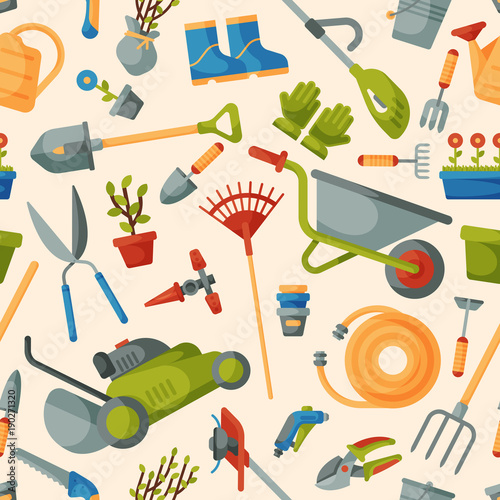 Garden tool vector gardening equipment rake or shovel and lawnmower of gardener farm collection or farming set illustration seamless pattern background