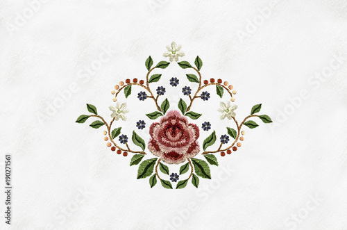 Embroidered satin stitch bouquet of delicate flowers with big pink  rose
