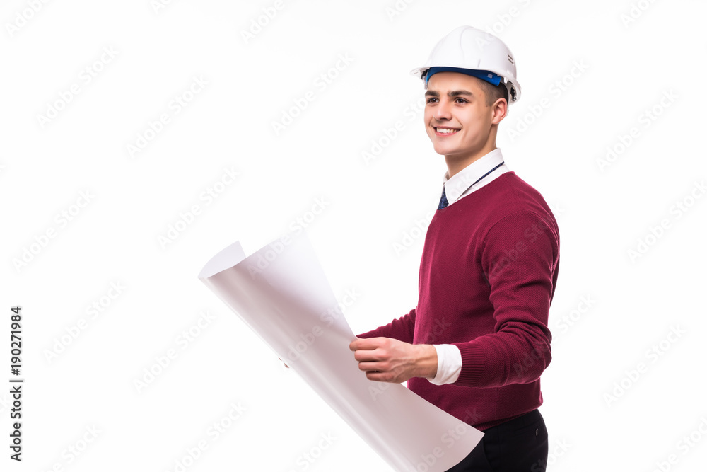 Full length of confident young bussinessman architect with blueprint on white background Full length of confident young bussinessman architect with blueprint on white background