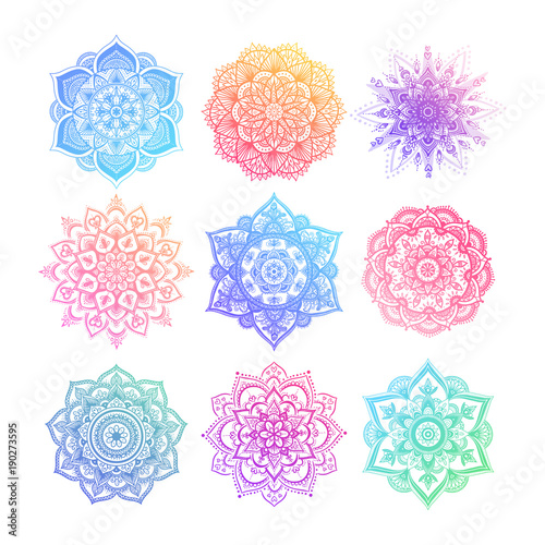 Set of round gradient mandala on white isolated background. Vector hipster mandala in green, red, blue, violet and pink colors. Mandala with floral patterns. Yoga template.