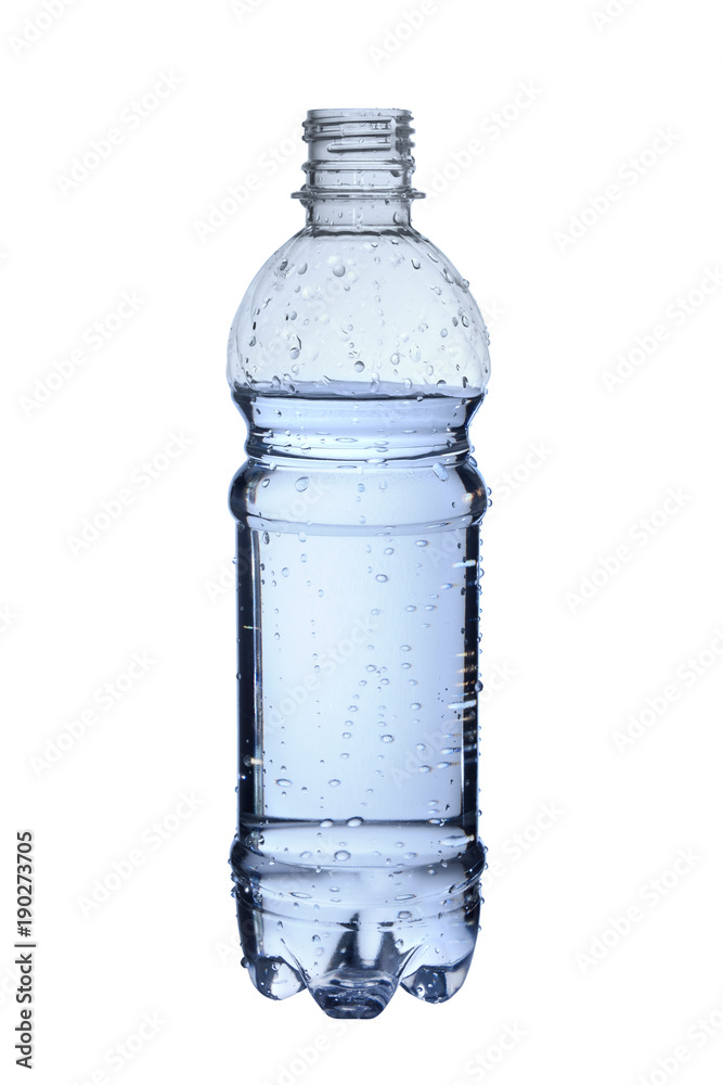 plastic bottle filled with water with water droplets isolated on white background plastic bottle filled with water with water droplets isolated on white background