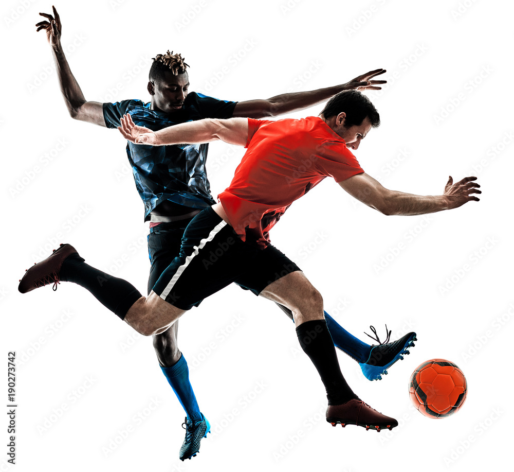 Obraz premium two soccer players men in studio silhouette isolated on white background