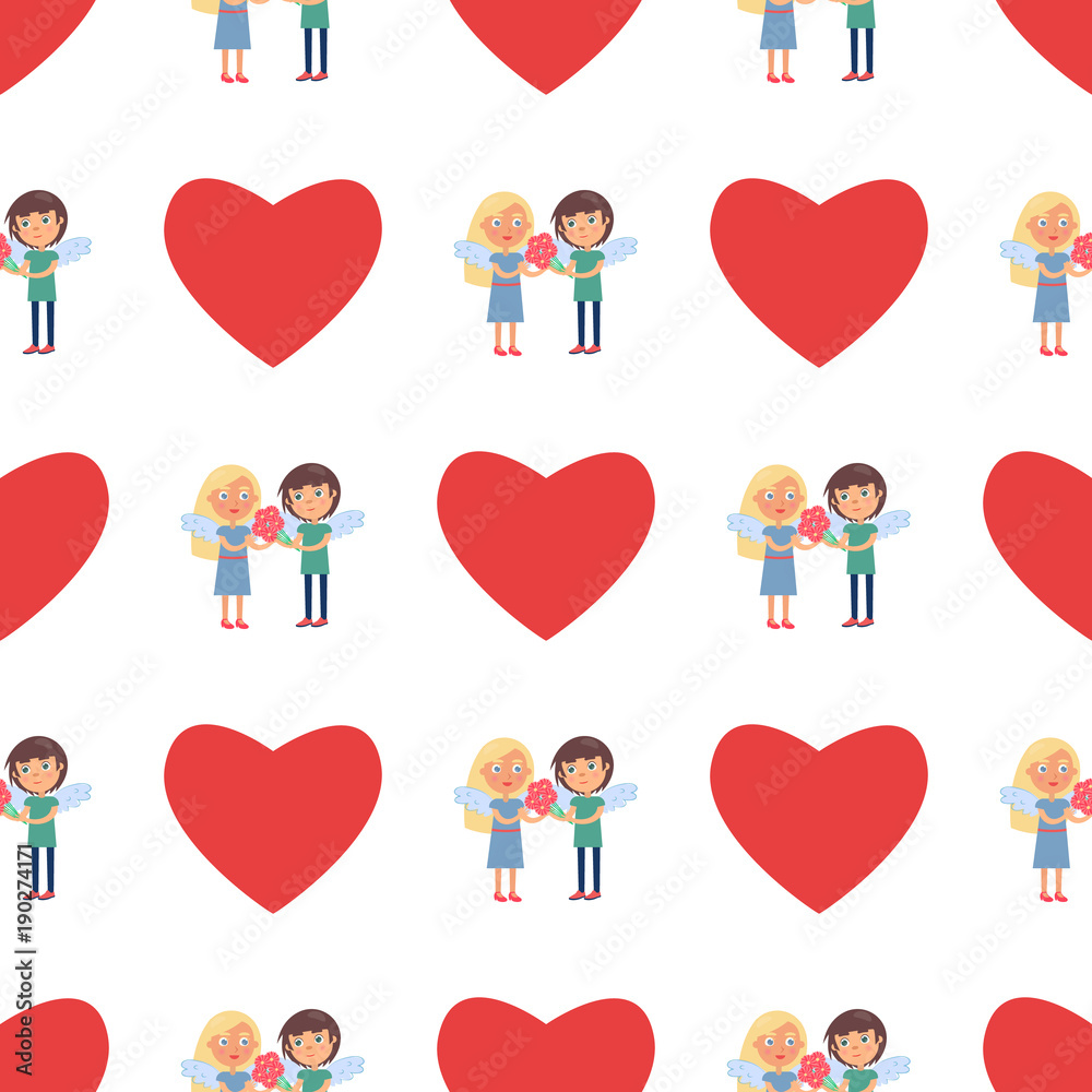 Seamless Pattern with boy and Girl Couple Wings