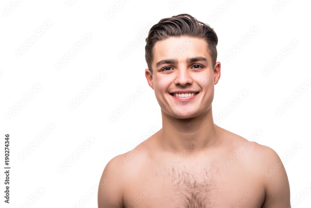 Close up portrait of handsome topless man isolated on white background Close up portrait of handsome topless man isolated on white background