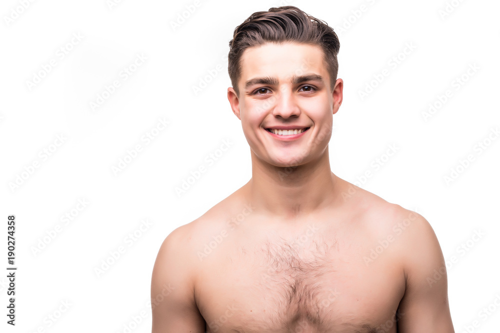 Close up portrait of handsome topless man isolated on white background Close up portrait of handsome topless man isolated on white background