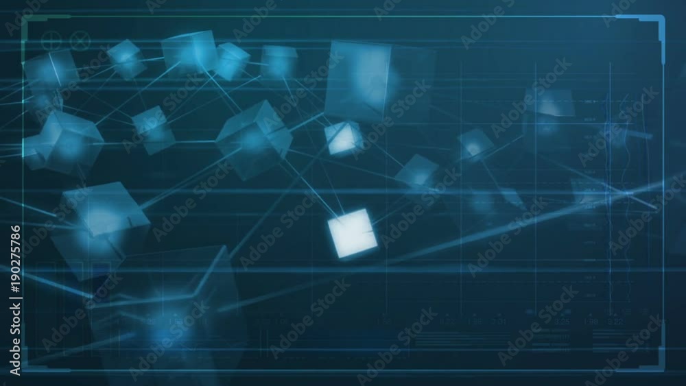 A pan across a concept network of interconnected blocks of data depicting a cryptocurrency blockchain overlaid with a blue futuristic data analysis interface