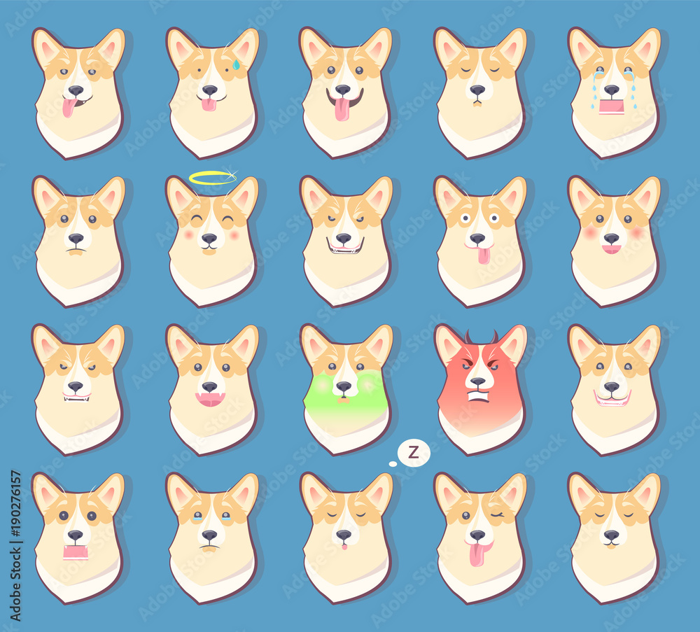 Set of Dogs Emotions, Cute Puppy Symbol Year 2018