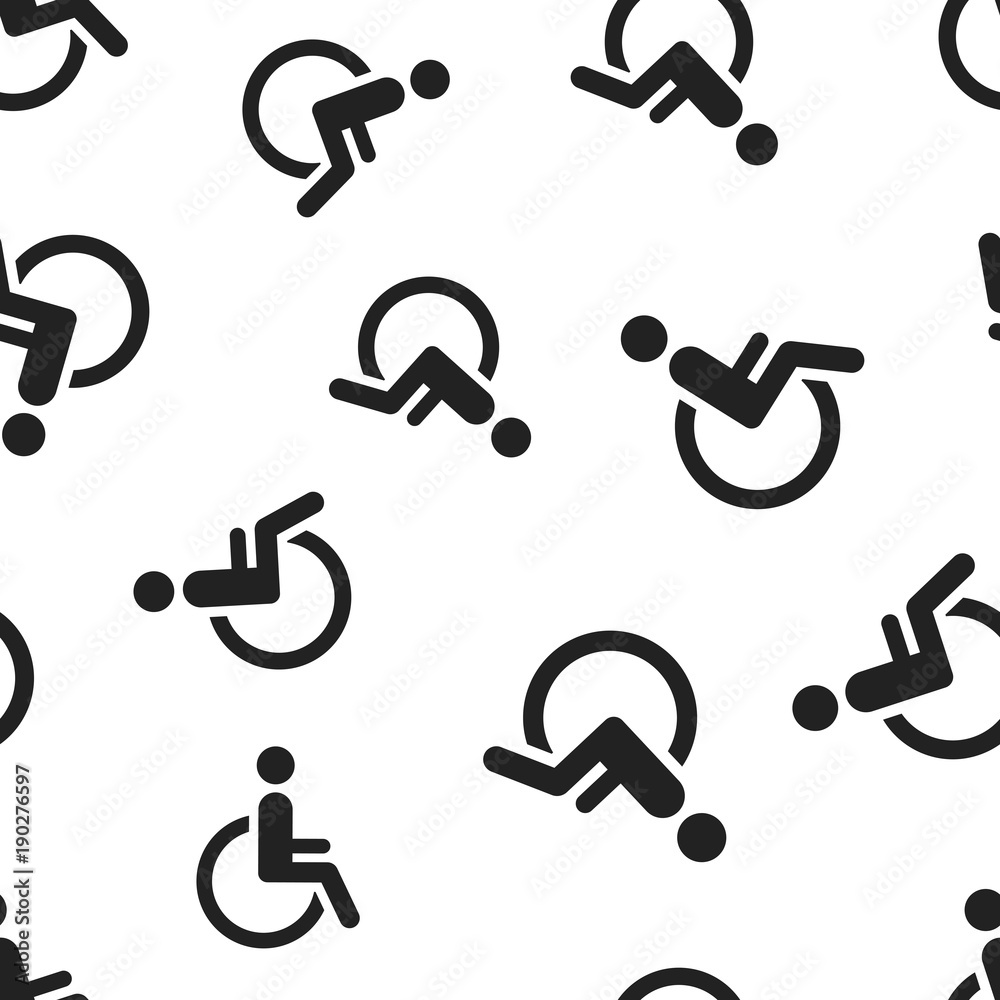 Man in wheelchair seamless pattern background. Business concept vector illustration. Handicapped invalid people symbol pattern. Man in wheelchair seamless pattern background. Business concept vector illustration. Handicapped invalid people symbol pattern.