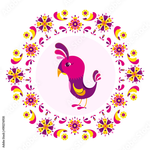 Element for design. Cartoon bird surrounded by a colorful pattern of flowers. Vector illustration