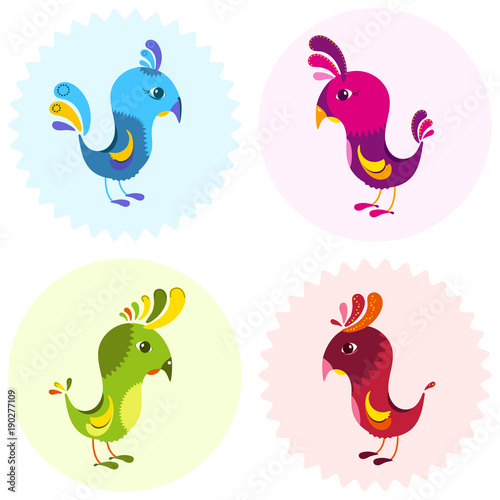 Set of four cartoon birds Element for design. Vector illustration