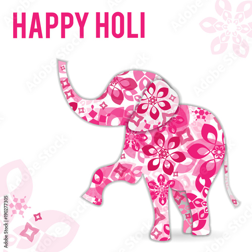 Vector Illustration on holiday Holi in India. The elephant is painted with flowers. The inscription is a congratulation.