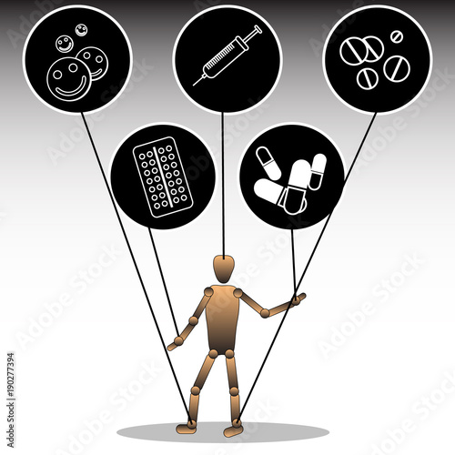 An illustration on the topic of dependence on pharmaceuticals. A puppet tied to icons with medical preparations. Vector graphics