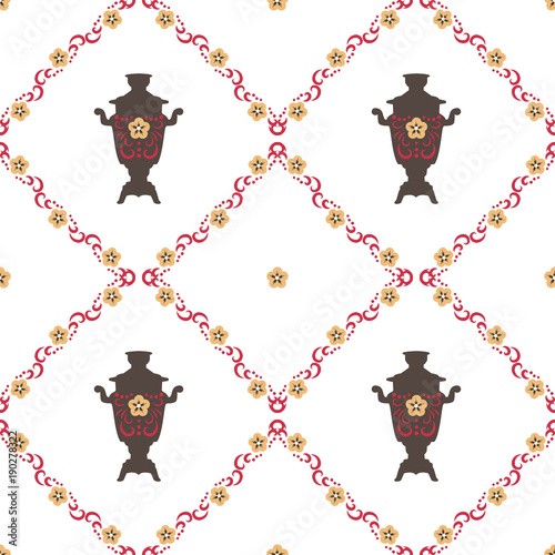 Vector Illustration for the Shrovetide feast. Seamless background. Samovars, national patterns.