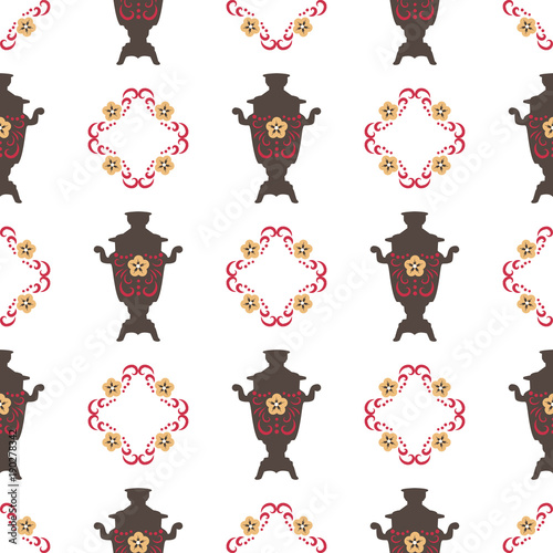 Vector Illustration for the Shrovetide feast. Seamless background. Samovars, national patterns.