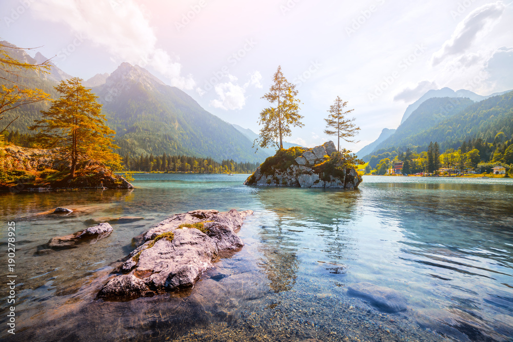 Amazing sunny summer day on the Hintersee lake in Austrian Alps, Europe. Landscape photography