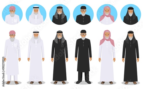 Set of different standing arab old men in the traditional muslim arabic clothing in flat style. Muslim, arabic clothing, east arabian dress. Differences islamic people characters avatars icons. Vector