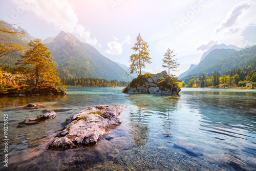 Fototapeta Naklejka Na Ścianę i Meble -  Amazing sunny summer day on the Hintersee lake in Austrian Alps, Europe. Landscape photography