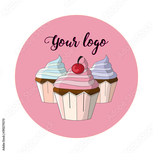 Logo. Vector image of colored cupcakes on a pink background